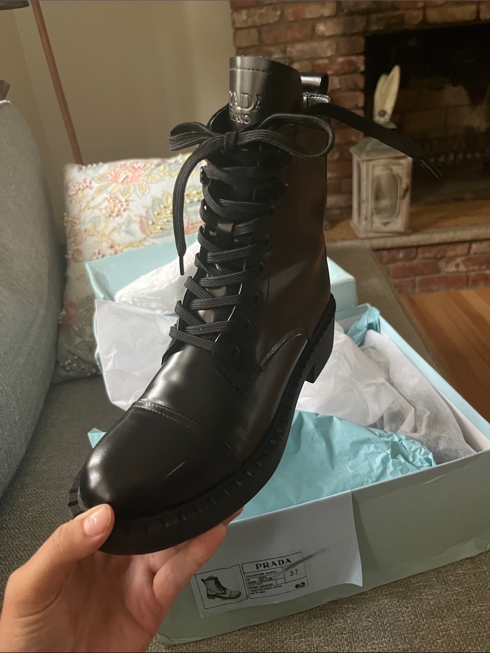 Prada Black Leather Lace-Up Combat Boot